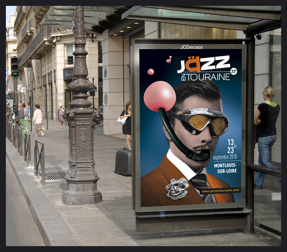 Conception du visuel et des différents support de communication pour le festival Jazz en Touraine 2018. Affiches, invitations, annonces, programme....